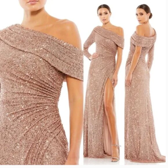 MAC DUGGAL 26571 SEQUINED DROP SHOULDER FAUX WRAP COPPER GOWN sz 6 - Picture 1 of 7